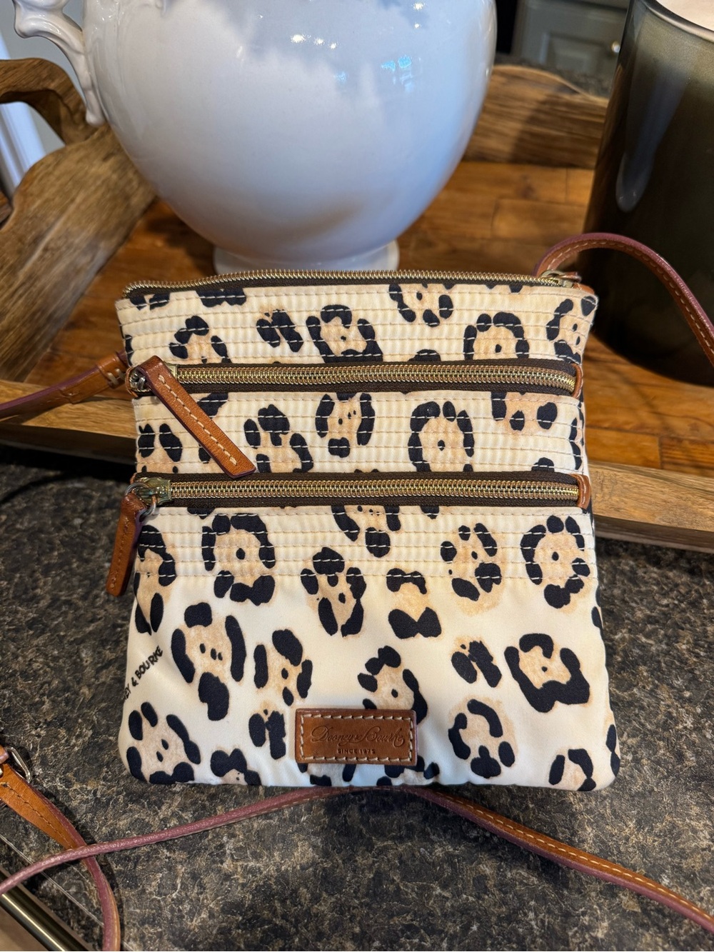 Dooney & Bourke Cream and Black Leopard-Print Crossbody Bag